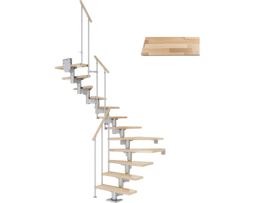 Pertura Mittelholmtreppe Chiron Perlgrau 75 cm Stabgeländer Buche Leimholz Lackiert 11 Stufen 12 Steigungen