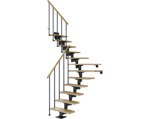 Pertura Mittelholmtreppe Chiron Anthrazit 1/4 gewendelt unten links/rechts 75 cm Stabgeländer Eiche Lackiert 11 Stufen / 12 Steigungen