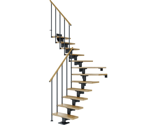 Pertura Mittelholmtreppe Chiron Anthrazit 1/4 gewendelt unten links/rechts 75 cm Stabgeländer Eiche Leimholz Lackiert 13 Stufen / 14 Steigungen