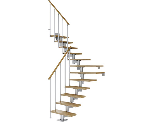 Pertura Mittelholmtreppe Chiron Perlgrau 1/4 gewendelt unten links/rechts 75 cm Stabgeländer Eiche Lackiert 11 Stufen / 12 Steigungen