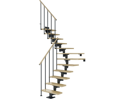 Pertura Mittelholmtreppe Chiron Anthrazit 1/4 gewendelt unten links/rechts 75 cm Stabgeländer Ahorn Leimholz Lackiert 12 Stufen / 13 Steigungen