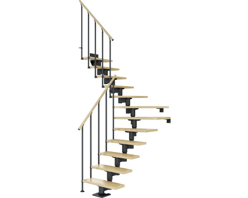 Pertura Mittelholmtreppe Chiron Anthrazit 1/4 gewendelt unten links/rechts 75 cm Stabgeländer Ahorn Leimholz Lackiert 13 Stufen / 14 Steigungen