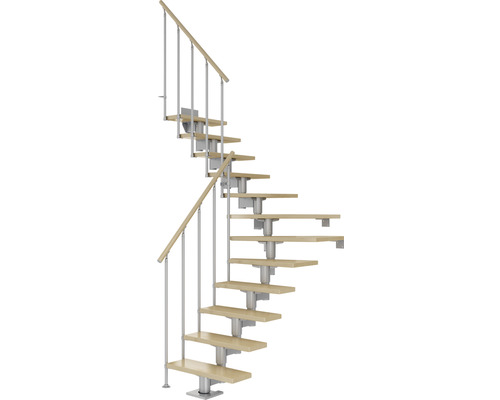 Pertura Mittelholmtreppe Chiron Perlgrau 1/4 gewendelt unten links/rechts 75 cm Stabgeländer Ahorn Leimholz Lackiert 13 Stufen / 14 Steigungen