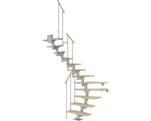 Pertura Mittelholmtreppe Chiron Perlgrau 1/2-gewendelt 75 cm Stabgeländer Ahorn Leimholz Lackiert 14 Stufen / 15 Steigungen