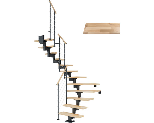 Pertura Mittelholmtreppe Chiron Anthrazit 1/2-gewendelt 75 cm Relinggeländer Buche Leimholz Lackiert 12 Stufen / 13 Steigungen