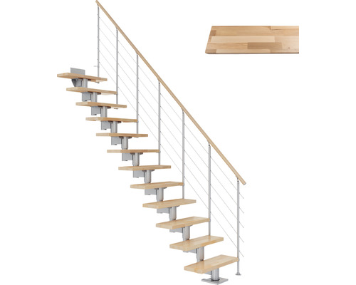 Pertura Mittelholmtreppe Chiron Perlgrau 75 cm Relinggeländer Buche Leimholz Lackiert 11 Stufen 12 Steigungen