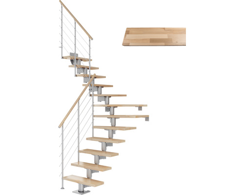 Pertura Mittelholmtreppe Chiron Perlgrau 1/4 gewendelt unten links/rechts 75 cm Relinggeländer Buche Leimholz Lackiert 13 Stufen / 14 Steigungen