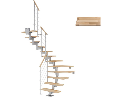 Pertura Mittelholmtreppe Chiron Perlgrau 1/2-gewendelt 75 cm Relinggeländer Buche Leimholz Lackiert 12 Stufen / 13 Steigungen