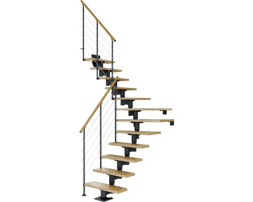 Pertura Mittelholmtreppe Chiron Anthrazit 1/4 gewendelt unten links/rechts 75 cm Relinggeländer Eiche Leimholz Lackiert 12 Stufen / 13 Steigungen