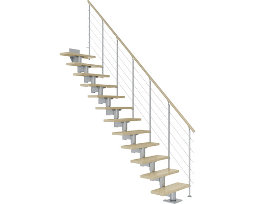 Pertura Mittelholmtreppe Chiron Perlgrau Gerade 75 cm Relinggeländer Ahorn Leimholz Lackiert 11 Stufen / 12 Steigungen