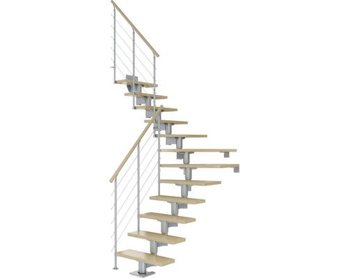 Pertura Mittelholmtreppe Chiron Perlgrau 75 cm Relinggeländer Ahorn Leimholz Lackiert 11 Stufen 12 Steigungen