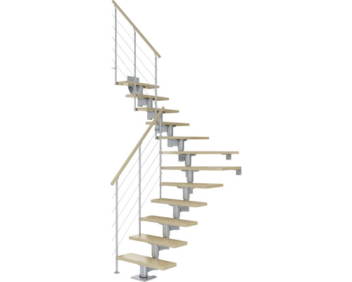 Pertura Mittelholmtreppe Chiron Perlgrau 1/4 gewendelt unten links/rechts 75 cm Relinggeländer Ahorn Leimholz Lackiert 12 Stufen / 13 Steigungen