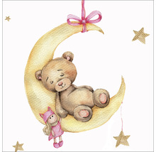 Illustration mit Teddybär, der auf einem Mond schläft, und einer Puppe