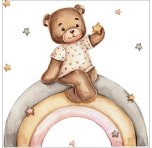 Illustration eines Teddybären auf einem Regenbogen mit Sternen
