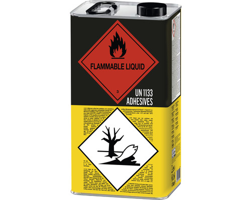 Kanister mit flüssigem Klebstoff und Gefahrensymbolen für brennbare und umweltgefährdende Stoffe