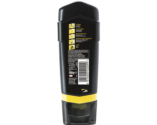 Rückseite einer Tube flexiblen, transparenten, wasserfesten und temperaturbeständigen Klebstoffs, stark