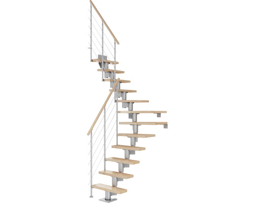 Pertura Mittelholmtreppe Spiros Perlgrau 1/4 gewendelt unten links/rechts 65 cm Relinggeländer Buche Leimholz Lackiert 13 Stufen / 14 Steigungen