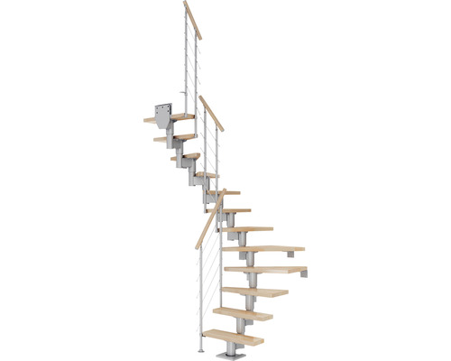 Pertura Mittelholmtreppe Spiros Perlgrau 1/2-gewendelt 65 cm Relinggeländer Buche Leimholz Lackiert 13 Stufen / 14 Steigungen