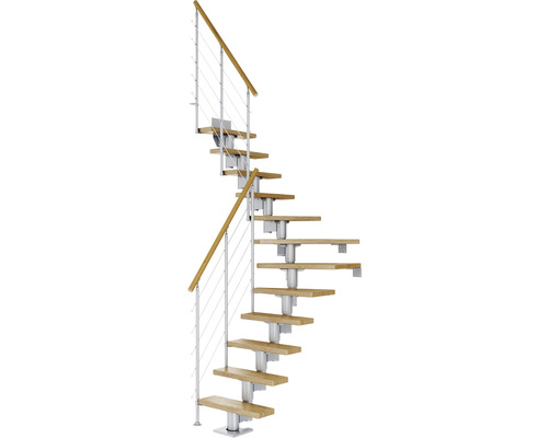 Pertura Mittelholmtreppe Spiros Perlgrau 1/4 gewendelt unten links/rechts 65 cm Relinggeländer Eiche Lackiert 13 Stufen / 14 Steigungen