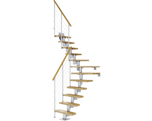 Pertura Mittelholmtreppe Spiros Perlgrau 1/4 gewendelt unten links/rechts 65 cm Relinggeländer Eiche Lackiert 14 Stufen / 15 Steigungen