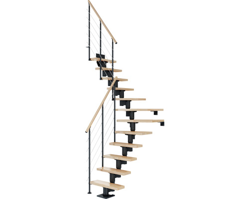 Pertura Mittelholmtreppe Spiros Anthrazit 1/4 gewendelt unten links/rechts 65 cm Relinggeländer Buche Leimholz Lackiert 12 Stufen / 13 Steigungen