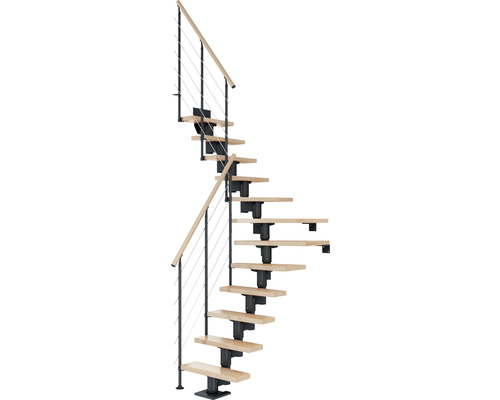 Pertura Mittelholmtreppe Spiros Anthrazit 1/4 gewendelt unten links/rechts 65 cm Relinggeländer Buche Leimholz Lackiert 13 Stufen / 14 Steigungen