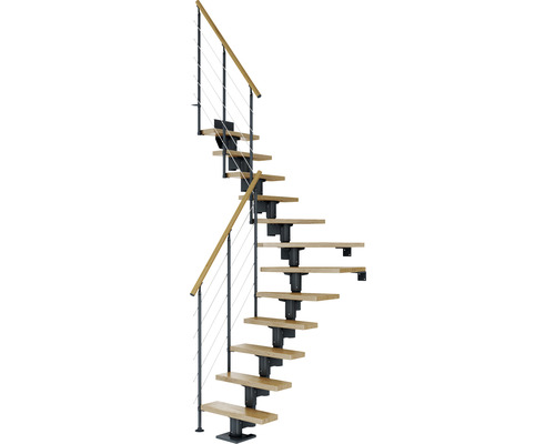 Pertura Mittelholmtreppe Spiros Anthrazit 1/4 gewendelt unten links/rechts 65 cm Relinggeländer Eiche Lackiert 14 Stufen / 15 Steigungen