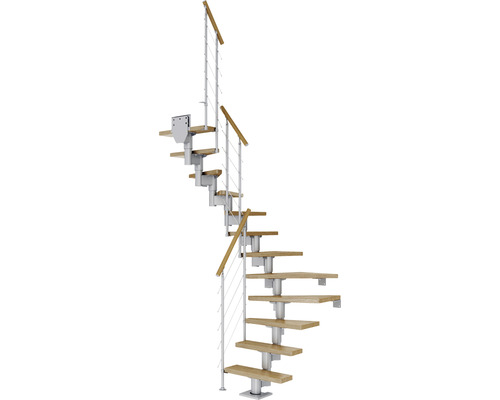 Pertura Mittelholmtreppe Spiros Perlgrau 1/2-gewendelt 75 cm Relinggeländer Eiche Lackiert 14 Stufen / 15 Steigungen