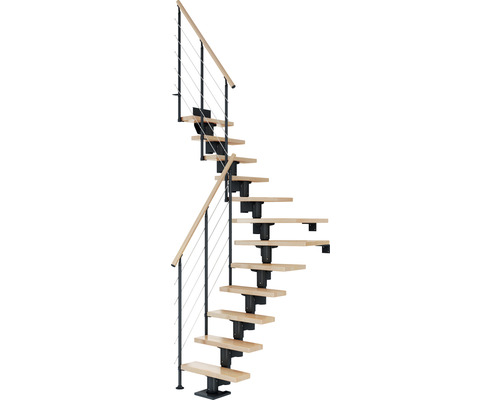 Pertura Mittelholmtreppe Spiros Anthrazit 1/4 gewendelt unten links/rechts 75 cm Relinggeländer Buche Leimholz Lackiert 14 Stufen / 15 Steigungen