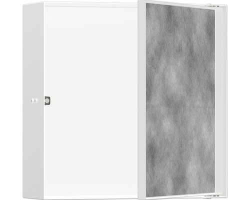 Wandnische hansgrohe XtraStoris Rock 300x300x100 mm weiß matt mit befliesbarer Tür Arzneischrank mit offener Tür und grauer Musterung