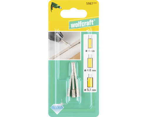 Wolfcraft Diamantbohrer Set mit drei Bohrern in Verpackung