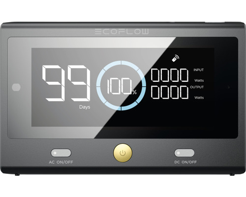 Remote Control-Screen Ecoflow für die Überwachung der Delta Pro Powerstation Nahaufnahme eines Ecoflow Geräts mit digitaler Anzeige von Eingangsleistung, Ausgangsleistung und Batteriestand