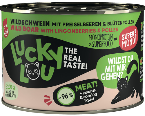 Katzenfutter nass LuckyLou SuperMono Wildschwein mit Preiselbeeren und Blütenpollen 200g Katzenfutter nass LuckyLou SuperMono Wildschwein mit Preiselbeeren und Blütenpollen 200g