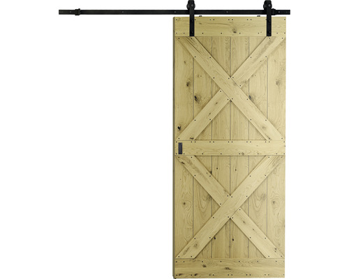 Holzschiebetür mit schwarzer Laufschiene im Scheunentor-Stil