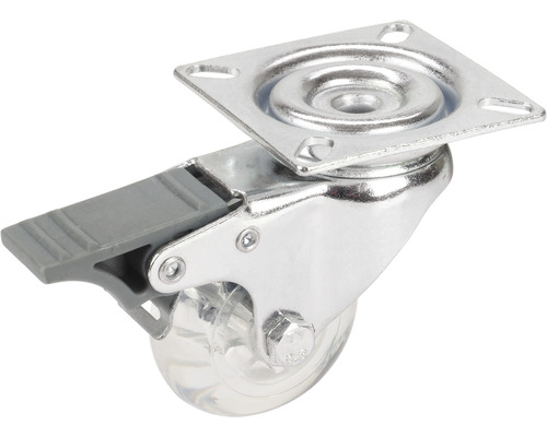 Möbelrolle mit Bremse, Metallgehäuse und transparentem Rad