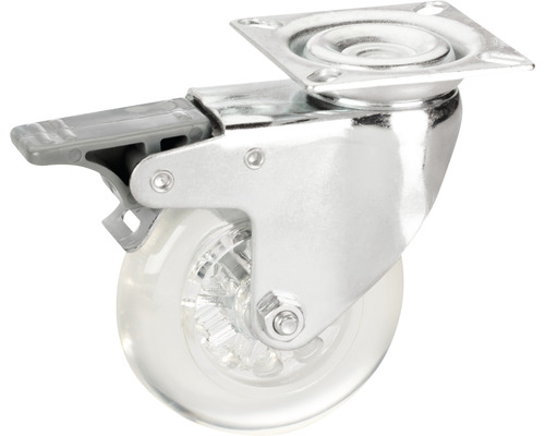 Lenkrolle mit Feststeller, Montageplatte und transparenter Rolle