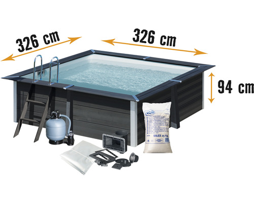 Aufstellpool WPC-Pool-Set Gre eckig 326x326x94 cm inkl. Sandfilteranlage, Skimmer, Leiter, Filtersand & Bodenschutzvlies grau