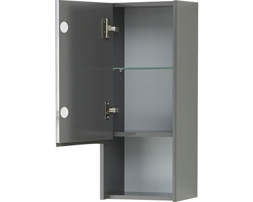 Geöffneter grauer Spiegelschrank mit Glasböden für das Badezimmer