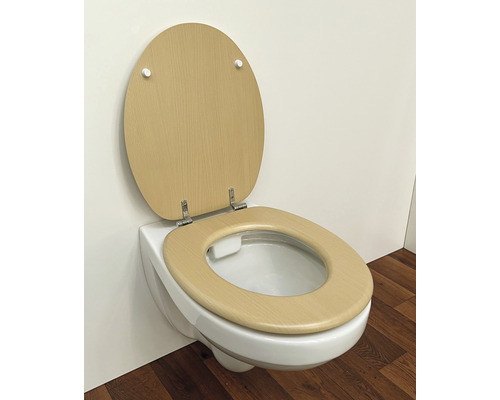 Toilettenschüssel mit offenem Holzdeckel