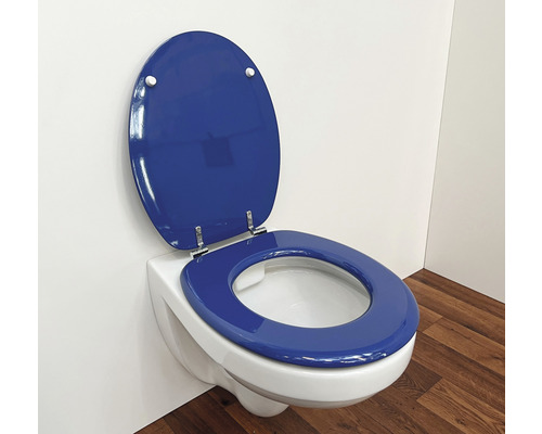 Wand-WC mit geöffnetem, farbigem Toilettensitz