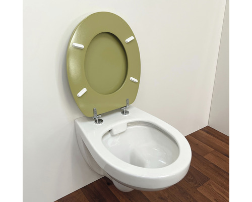 Wand-Tiefspülklosett mit geöffnetem olivgrünem Toilettendeckel