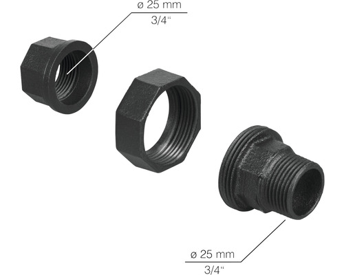 Drei Tempergussfittings mit einem Durchmesser von 25 mm und einem Zollwert von 3/4.