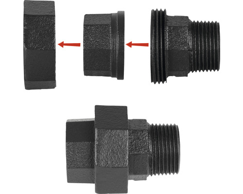 Demontierte und montierte Temperguss Fitting Verschraubung