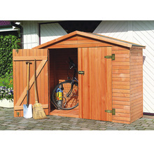 Gartenschrank aus Holz mit geöffneten Türen, inklusive Fahrrad, Schaufel und Besen