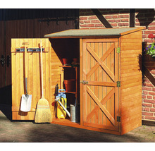 Gartenschrank aus Holz mit geöffneter und geschlossener Tür zur Aufbewahrung von Gartengeräten