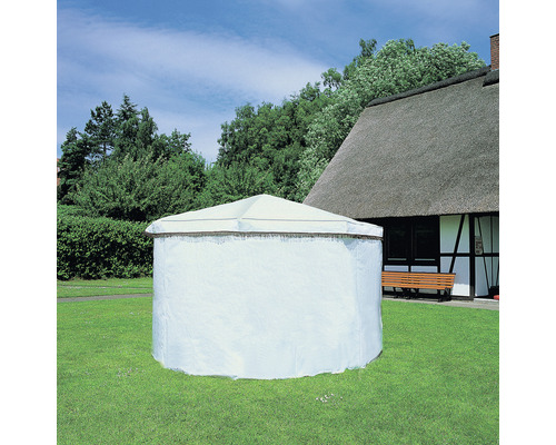 Abdeckung, Wetterschutzumhang promadino für Pavillon Rosenheim 920 x 160 cm weiß Runder Pool mit Abdeckung im Garten vor einem Haus mit Strohdach.