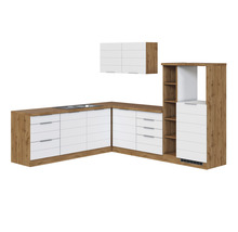 Eckküche mit weißen Schubladen und Hängeschrank