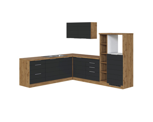 Winkelküche Held Möbel Florenz 240 cm grau matt/eiche hell Einbauküche mit Arbeitsplatte, Unterschränken, Hängeschrank und Regalelement