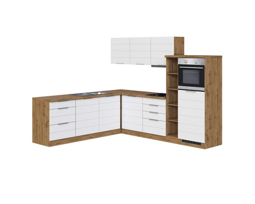 Komplette Eckküche mit Hängeelement, Arbeitsplatte, Spüle, Kochfeld und Backofen