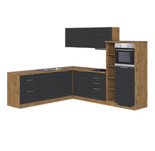 Komplette Eckküche mit Hängeschränken, Schubladen, Backofen und Regalen